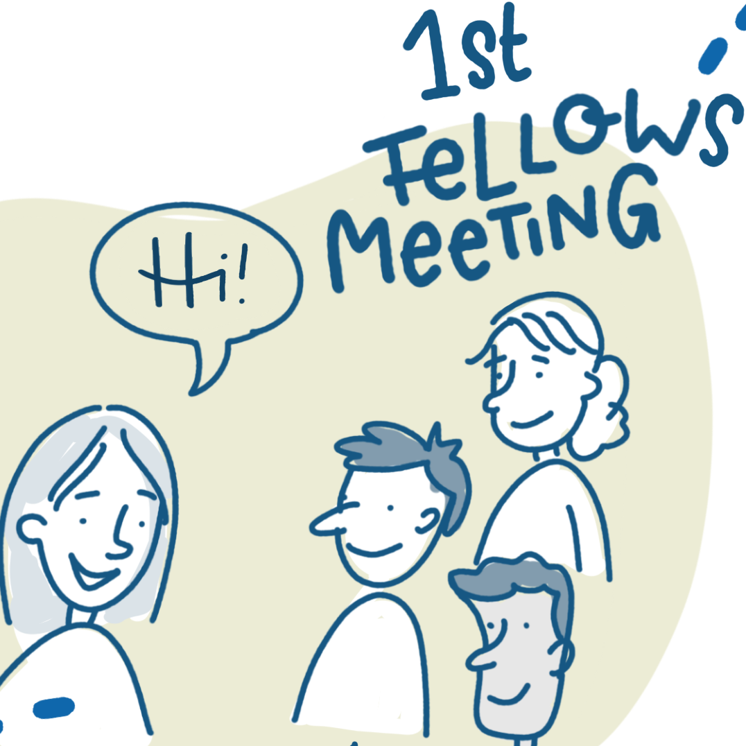 A cartoon-style graphic shows an exchange between a group of people. A woman is greeting the group, and the group is showing their interest.