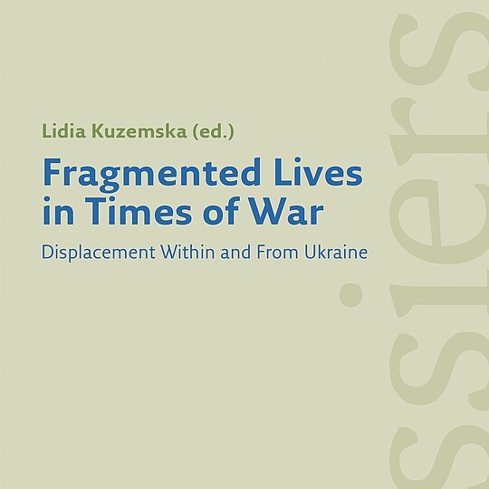 Book cover with blue font in front of a sage green background.