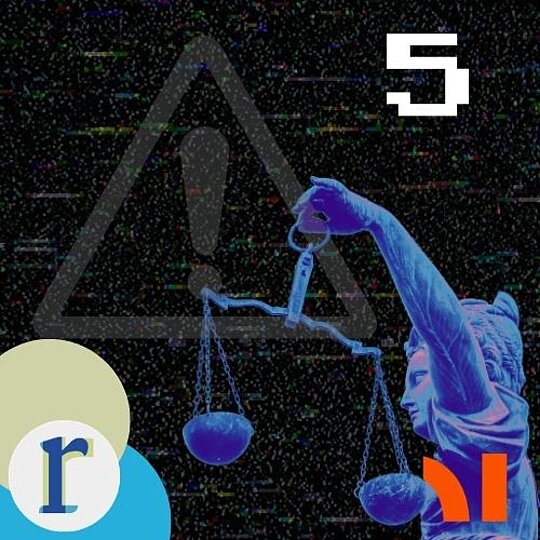 A distorted, glitch-effect image of a blindfolded Lady Justice statue holding scales, overlaid with a warning triangle, an exclamation mark, and a large "5", on a black background with digital static, in a blue-purple tint.