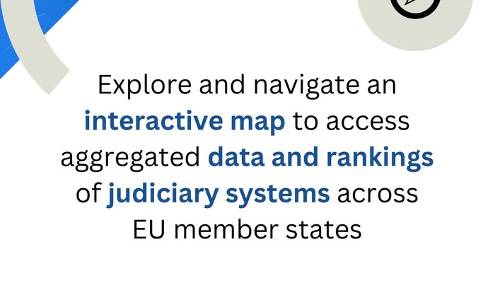 Image with the following text: "Explore and navigate an interactive map to access aggregated data and rankings of judiciary systems across EU member states."