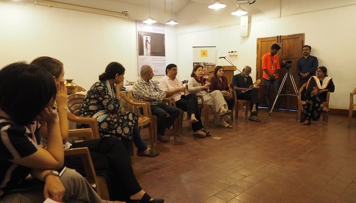 Round Table Conversation ‘The Indian Home as an Archive’ with Deborah Thiagarajan, Benny Kuriakose, Sadanand Menon, and Rathi Jafer at Daskhina Chitra Museum, Chennai. (photo: Jule Ulbricht)