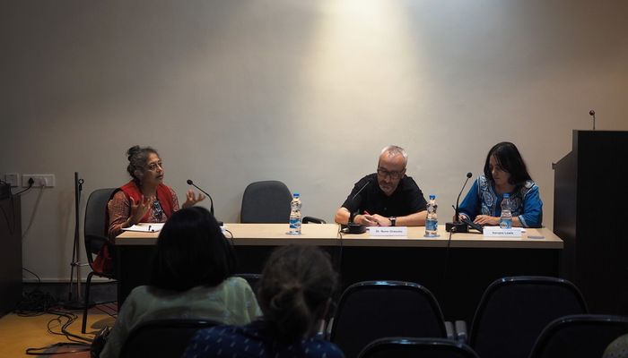 Panel discussion with Lakshmi Subramanian, Nuno Grancho, and Sarojini Lewis at CSSSC, Kolkata. (photo: Jule Ulbricht)