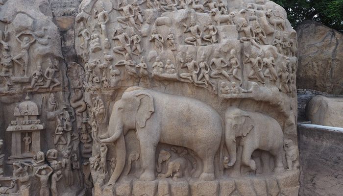 Left side of the Descent of the Ganges, a giant open-air rock relief at Mahabalipuram. (photo: Jule Ulbricht)