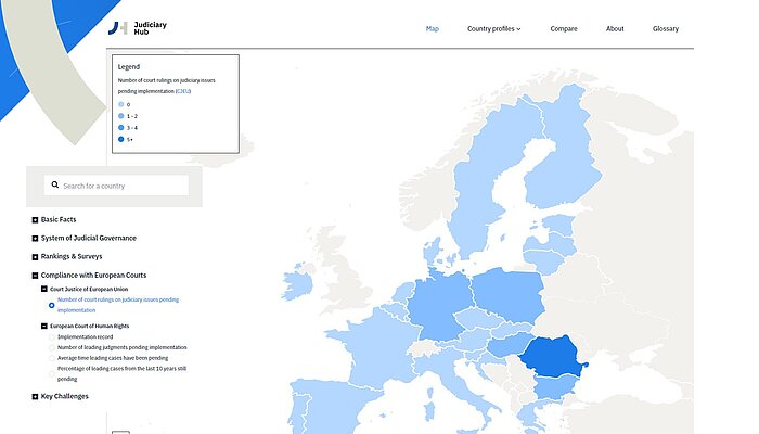 Image of a map of Europe and the following text: "Data and rankings of judiciary systems across EU member states."