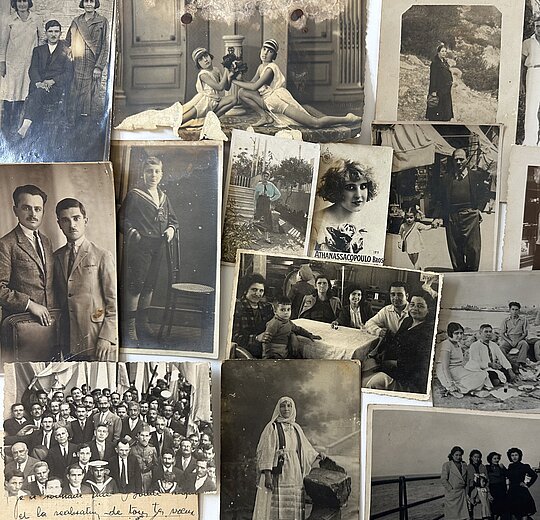 Collage von Fotos aus den 1920ern-1950ern aus Alexandria und Cairo. Collage von schwarz-weiß Fotos, die Menschen in verschiedenen Situationen abbilden.
