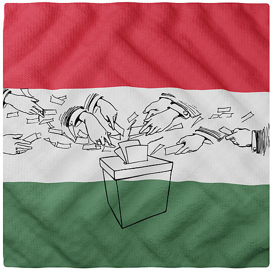 A drawing of hands casting their ballot in front of an hungarian flag.
