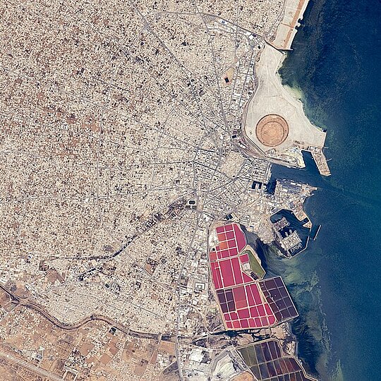 Satellite Image showing a port and sprawling city on a desert landscape.