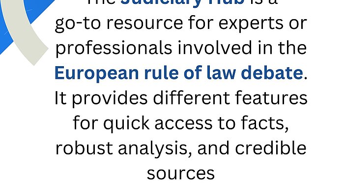 Image with the following text: "The Judiciary Hub is a go-to resource for experts or professionals involved in the European rule of law debate. It provides different features for quick access to facts, robust analysis, and credible sources.