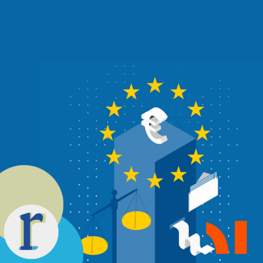 A flat-design graphic of a blue pillar topped with a euro symbol, encircled by EU gold stars, with a set of scales and a folder of documents beside it.