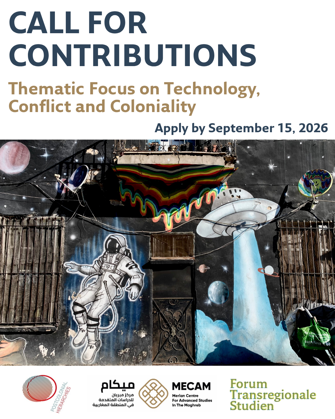 A picture of a mural in black in blue, the text "Call for Contributions" above it.