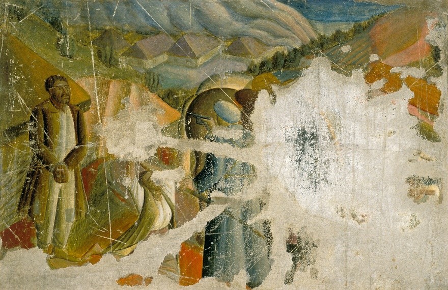 Damaged painting “Rozstril v Mezhyhiri” (“Execution in Mezhyhiria”, 1927) by Vasyl Sedliar, one of the Boichukist artistis. Provided by courtesy of the National Art Museum of Ukraine (NKhMU), Kyiv, inventory number ZhS-2495.