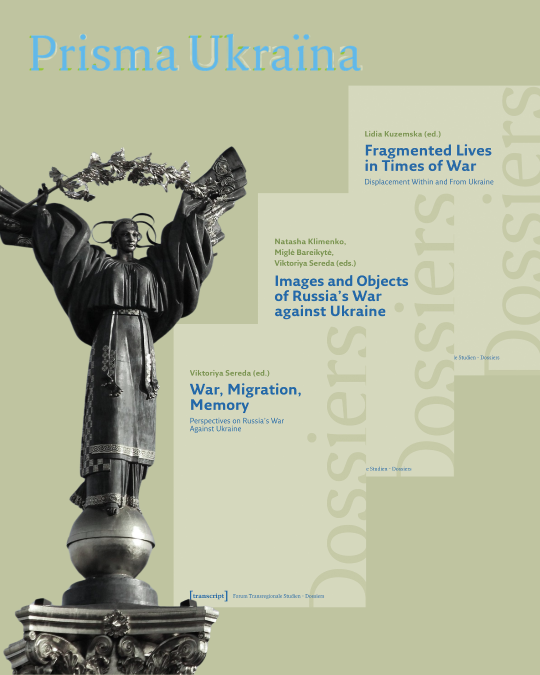 Sharepic showing the Kyiv Independence Monument on the left and three book covers on the right. The Prisma Ukraina logo is in the upper left corner.
