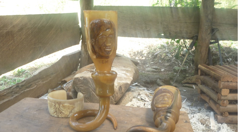 Cow horn decorated with facial images of Bruce Lee. They are used essentially by contemporary and youth association members. Bamenda, 2010. Photo by Mathias Fubah
