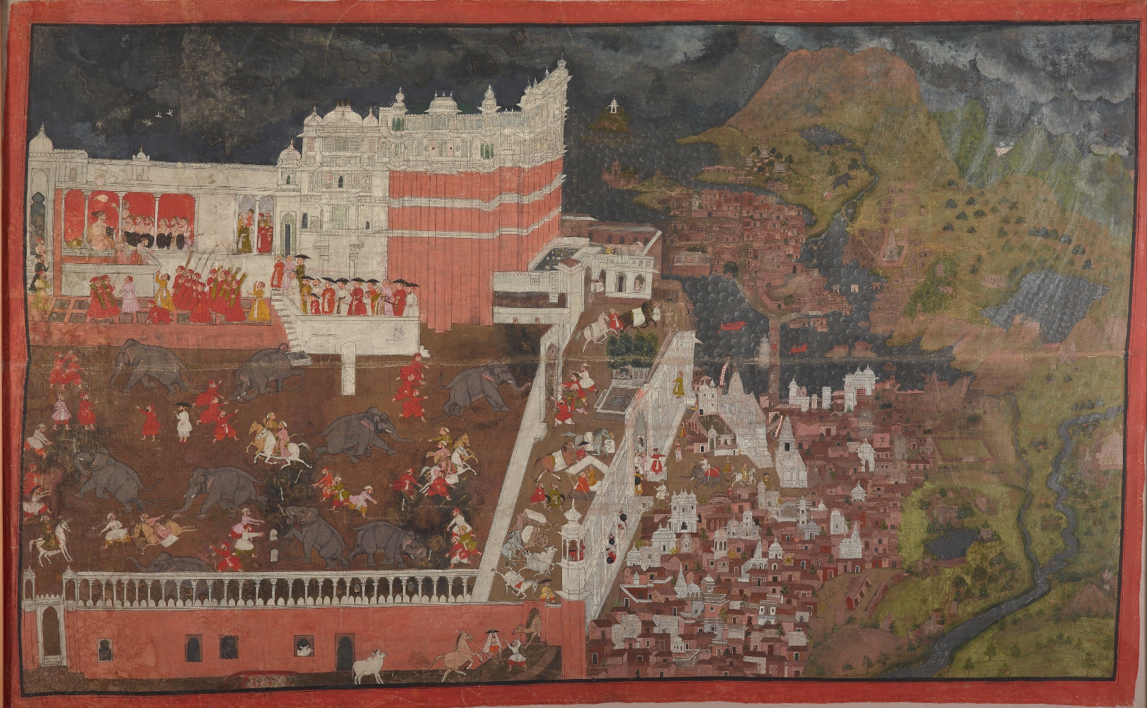 Rana Amar Singh II in Udaipur during a monsoon downpour, ca. 1700. 109.2 x 175.2 cm. Purchase and partial gift made in 2012 from the Catherine and Ralph Benkaim Collection, Accession Number: F2012.4.2. Courtesy of Freer Gallery of Art and Arthur M. Sackler Gallery, Smithsonian Institution.