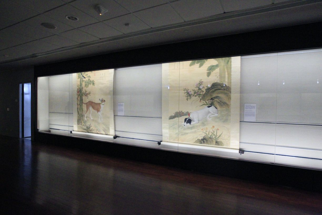 Giuseppe Castiglione’s (1688-1766) Paintings of Tributary Hounds displayed in the exhibition “Portrayals from a Brush Divine: A Special Exhibition on the Tricentennial of Giuseppe Castiglione's Arrival in China” (October 8 – December 31, 2015, National Palace Museum Taipei), 247.5 x 163.7 cm (left: Yargatu/ “Soft-brown Leopard”), 247.2 x 163 cm (right: Saksahatu/ “Magpie that soars in the sky”), color on silk, National Palace Museum, Taipei.