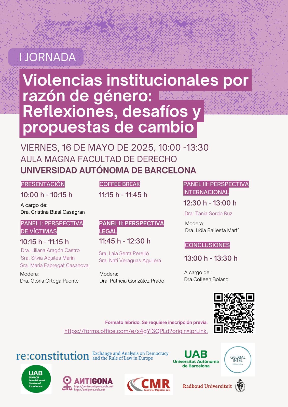 Poster of the event "Institutional Violence on the Basis of Gender: Reflections, Challenges and Proposals for Change" on 16 May 2025, in Spanish